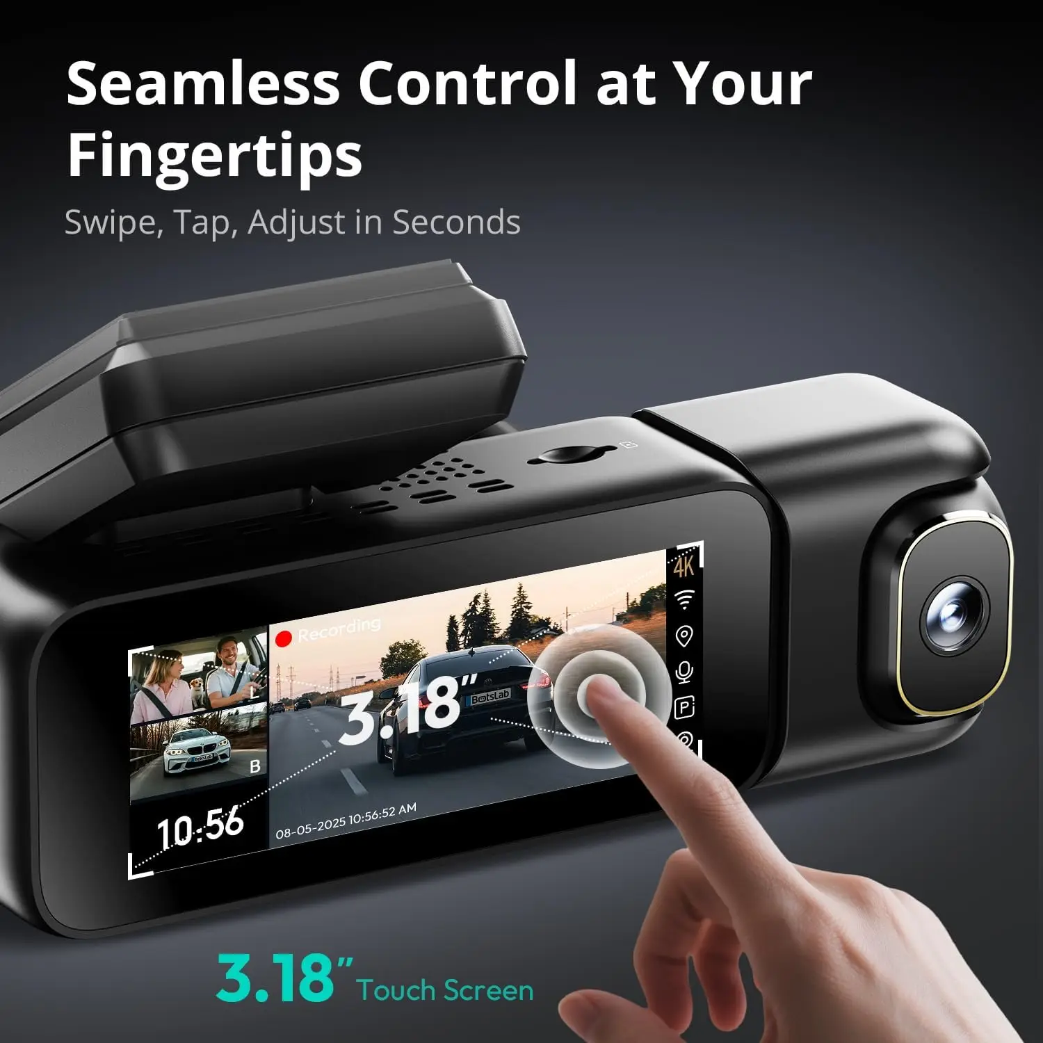 BOTSLAB 4K 3 Channel Dash Cam Front Rear Inside 360° Touch Screen Night Vision GPS WiFi Voice Control 128GB Card108