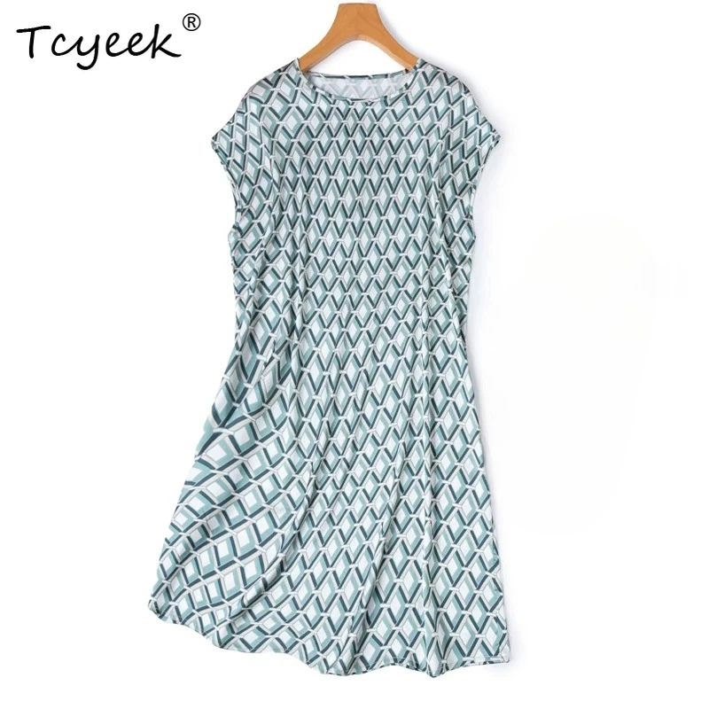 Tcyeek 19MM 93% Mulberry Silk T-Shirt Elegant T-shirts for Women Skin-friendly Womens TopsSummer Clothes Loose Fit Mid-length