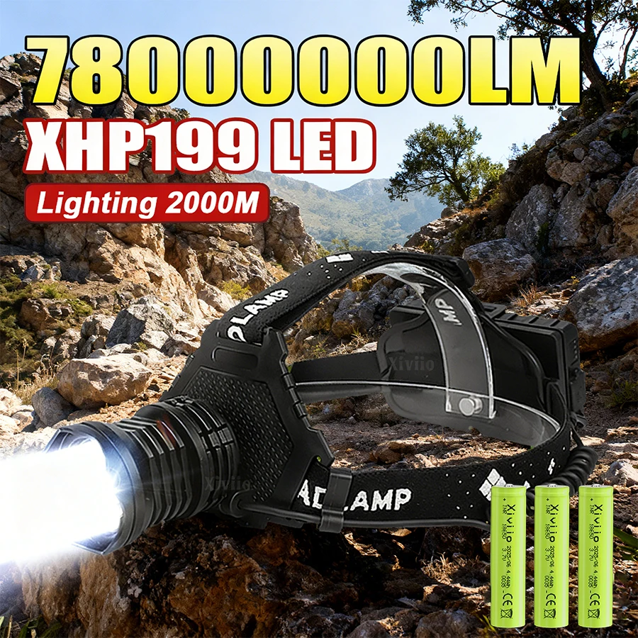 

2026 XHP199 Светодиодный налобный фонарь USB Перезаряжаемый налобный фонарь с телескопическим зумом 2000 м Светодиодный налобный фонарь для рыбалки и охоты передний фонарь
