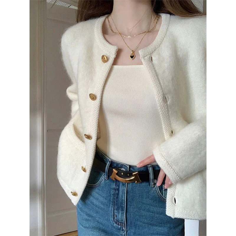 MEXZT Elegant Cropped Knitted Cardigan Women Korean White Long Sleeve Sweater Outerwear Fashion O Neck Knitwear Winter Jumpers