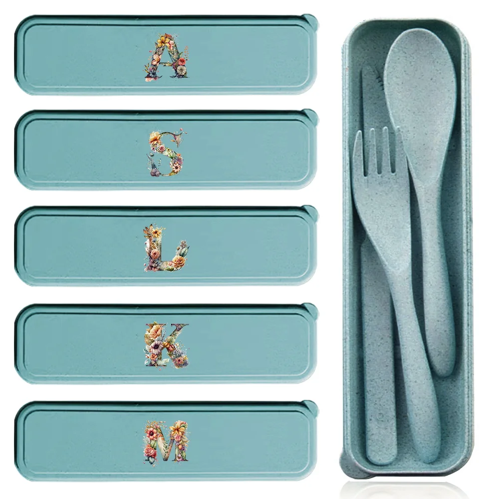 3Pcs Reusable Dinnerware Kit Spoon Fork Chopsticks Storage Case Tableware Organizer Box Floral Letter Pattern Lunch Accessoires