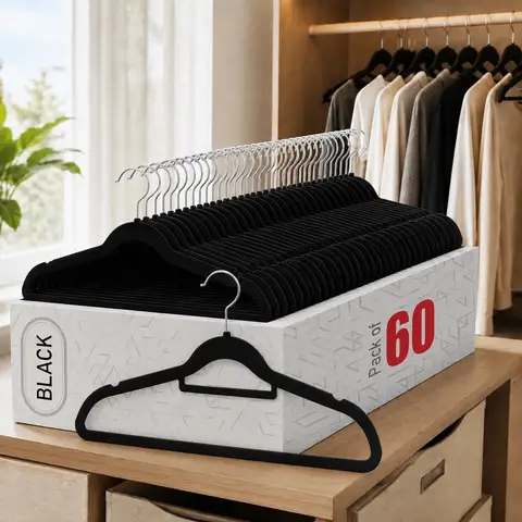 Black 30/60-piece non-slip velvet hanger with 360-degree rotating chrome hook for suits coats sweaters