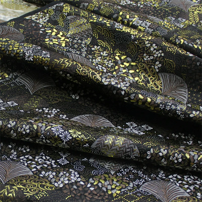 NEW378 Golden Fans Black Fabric Cherry Blossom Jacquard Nishijin Brocade Fabric The Kimono Clothing Fabric DIY Sewing Materials