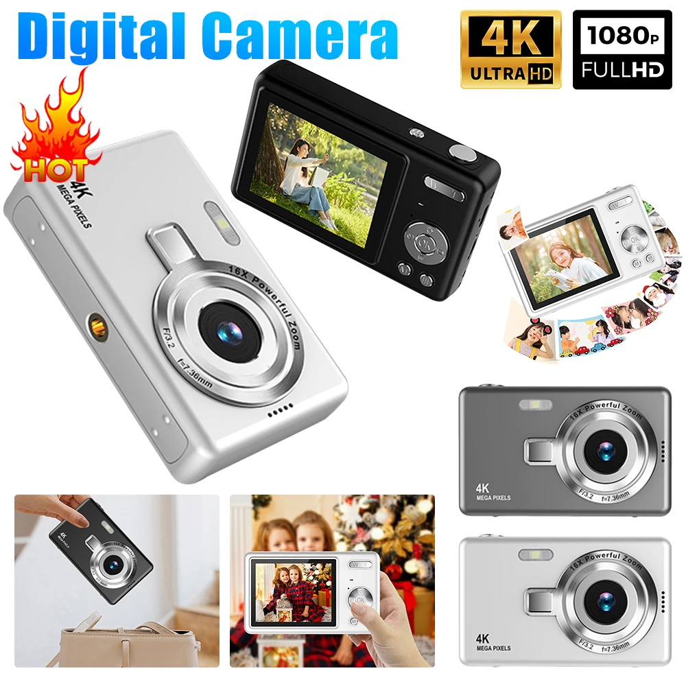 4K HD 1080P Digital Camera 96MP Portable Vlogging Camera 16X Zoom Camcorder Camera 2.4 Inch IPS Screen for Photography and Video