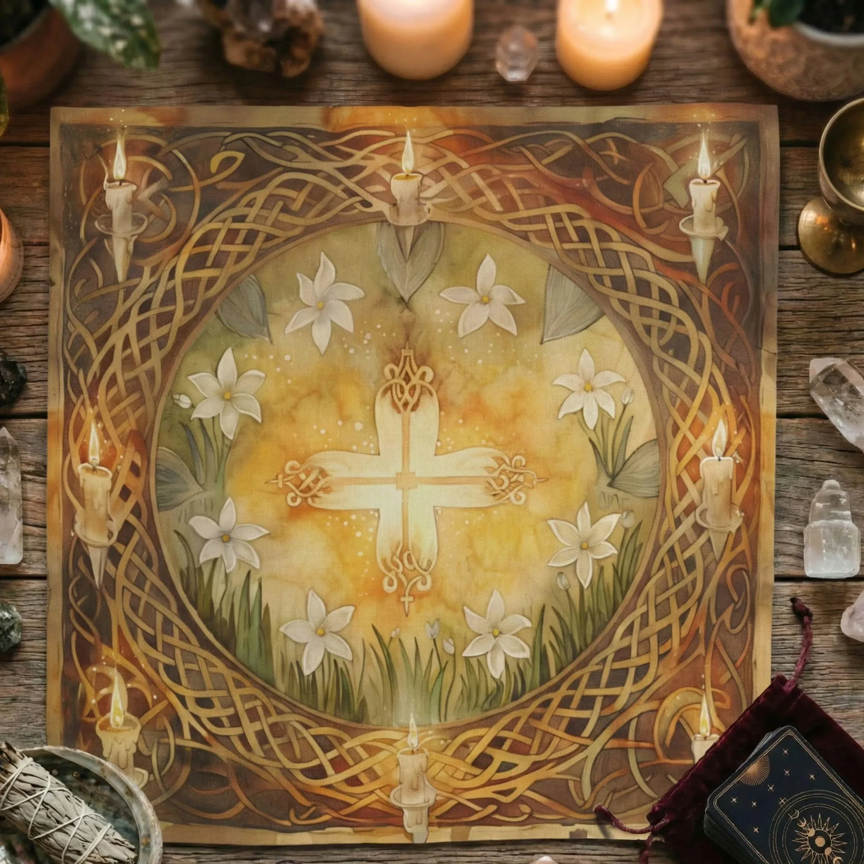 Imbolc Altar Cloth, Celtic Cross Candle Design, Brigid Sabbat Decor, Wheel of the Year Witchy Table Cloth, Wiccan Pagan Ritual