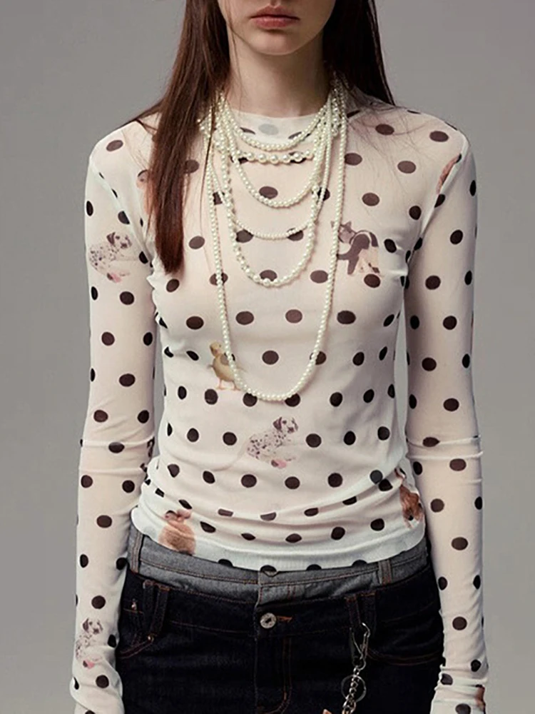 

Bangniweigou Y2k универсальный тонкий сетчатый топ с длинными рукавами и принтом животных в горошек, осенняя женская футболка