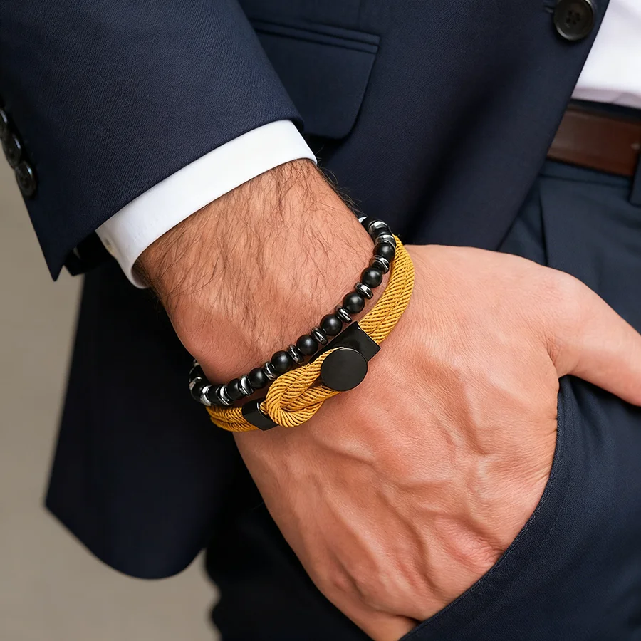 New Fashion Men Rope Bracelet 2Pcs/Set A Grade 4mm String Chain Braslet Outdoor Cool Riding Hand Accessories Armband Herren