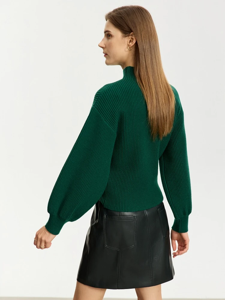 AMII Minimalist Woolen Sweater For Women 2025 Winter New Simple Loose Top Mock Neck Lantern Sleeve Pullovers Base Top 12324045