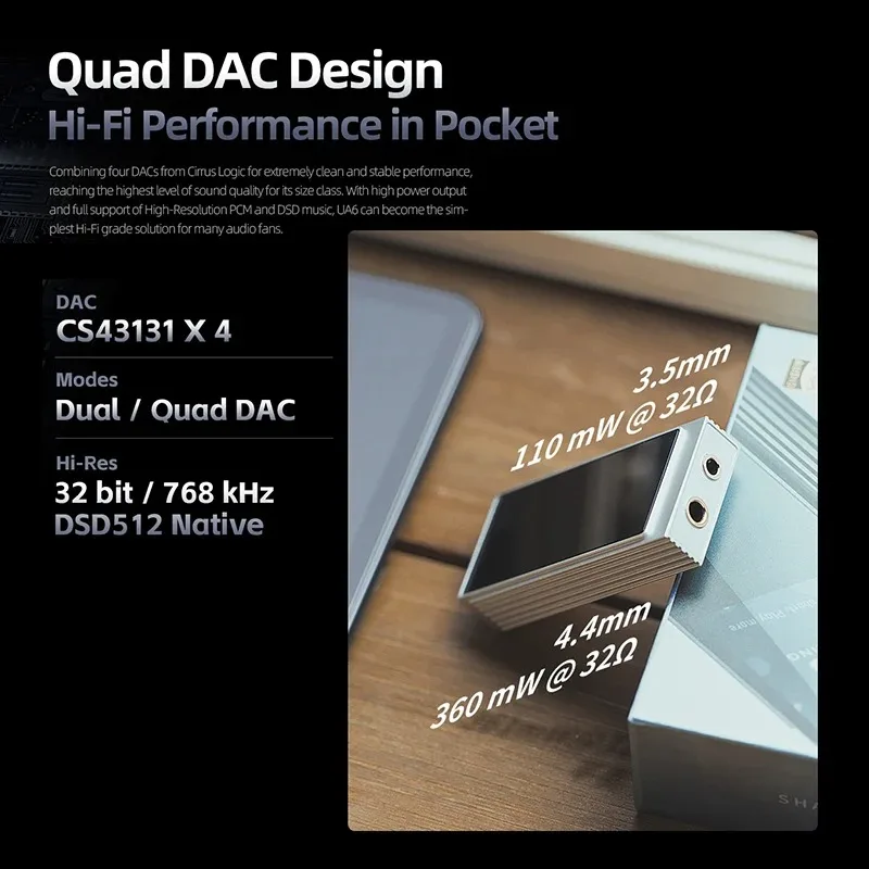 SHANLING UA6 CS43131*4 USB C DAC HIFI Portable Headphone Amplifer with 220mAh Battery DACs Hi-Res Audio DSD 512 3.5mm 4.4mm Bal