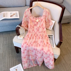 Plus-size Women's summer casual Commuting loose comfortable dress Printed petal sleeve square collar short-sleeved dress large