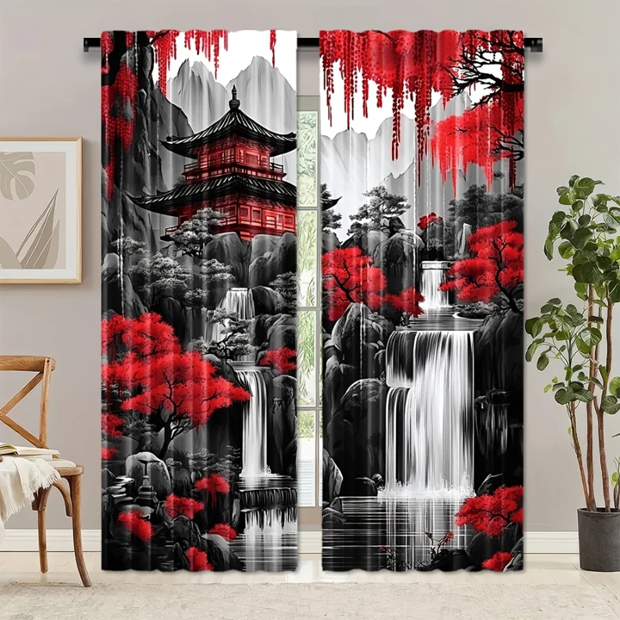 2PCS Digital Print  Curtain, Ink Wash Red Maple, Bohemian Style  Curtain Panel for Home Living Room Bedroom Decor