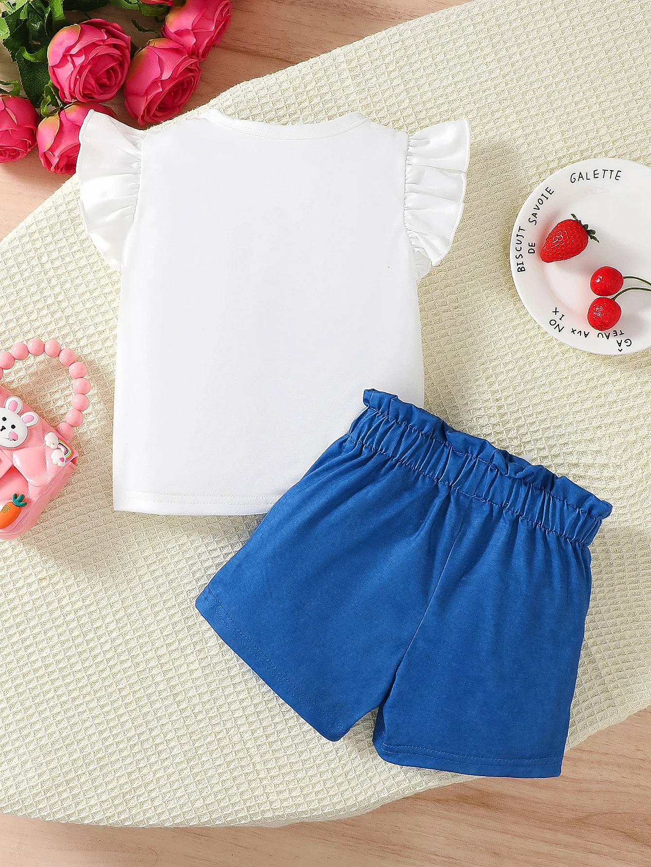 Baby girl fashion summer 2-PCS cherry print set with small fly sleeves letter T-shirt+shorts for 0-2Y baby girl casual wear