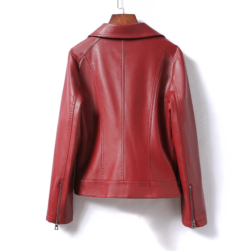 M-5XL Fashion Wine Red Zipper Moto & Biker Sheepskin Jacket for Women 2024 Autumn Female Lapel Full Sleeve Split Leather Jackets