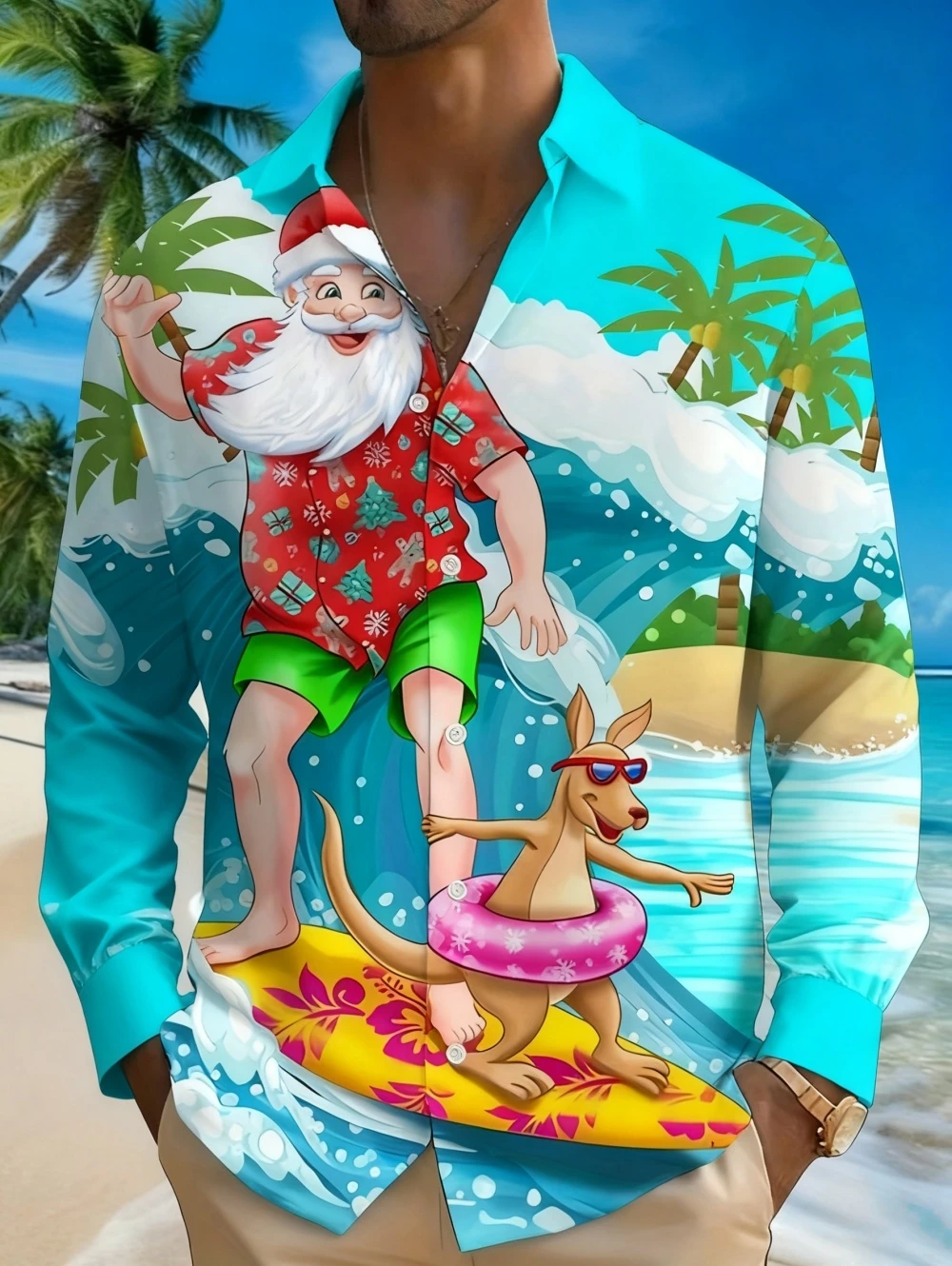 

2026 Hawaiian Shirt Santa Claus Surfing Unisex Fashion Cartoon Long Sleeve Shirt Christmas Festive Vacation Casual Loose Y2k Top