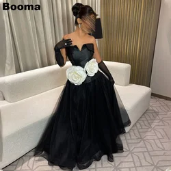 Booma Black A-Line Prom Dresses Strapless 3D Flowers Tulle Formal Occasion Gowns for Women Long Party Evening Dresses