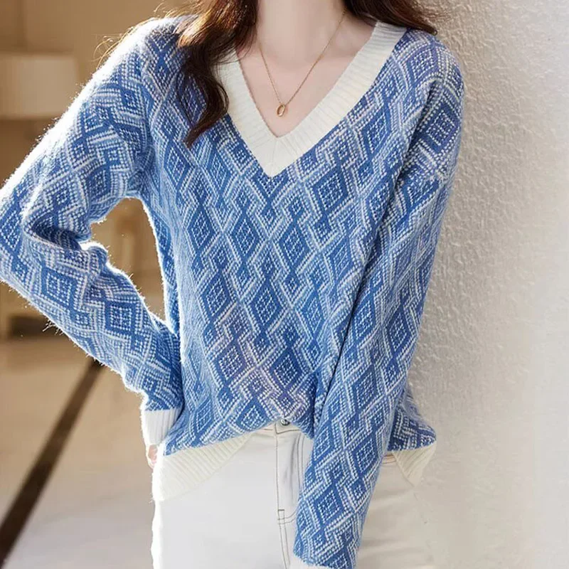 

Осень-зима винтажный клетчатый свободный вязаный свитер модный шикарный джемпер с v-образным вырезом женская одежда темпераментные элегантные пуловеры