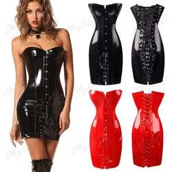 Lace Up Faux Leather Corset Dress Wetlook PVC Steampunk Gothic Strapless Bustier Dress Vintage Club Halloween Party Corselet 6XL
