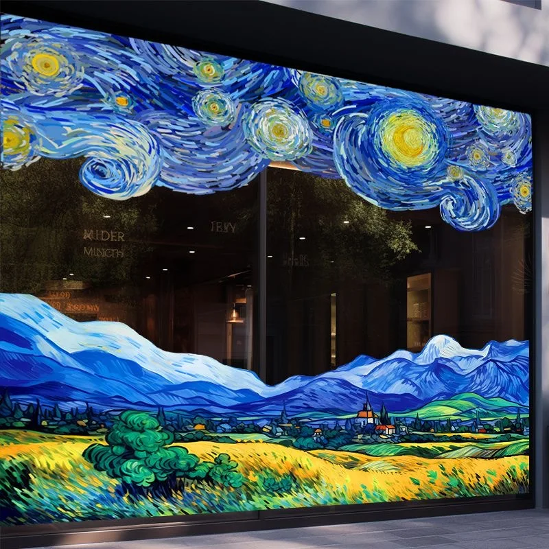 Creative Van Gogh Starry Night Sunflower Wheat Fields Wall Sticker Showcase Window Stickers Glass Door Electrostatic Sticker