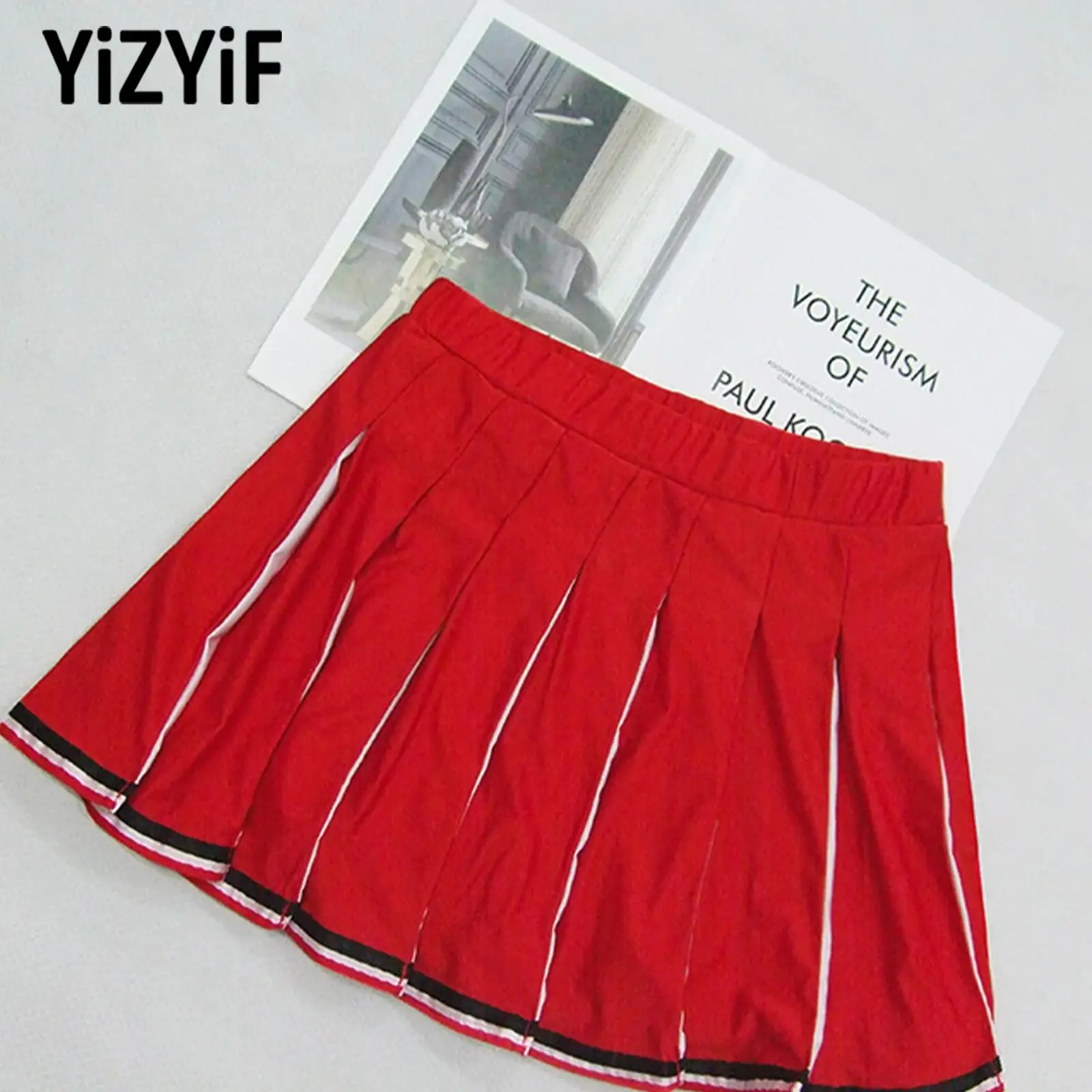 Kids Girls Cheerleading Performance Costume Elastic Waistband Striped Hem Contrast Color Pleated Skirt Sparkly Shiny for Game