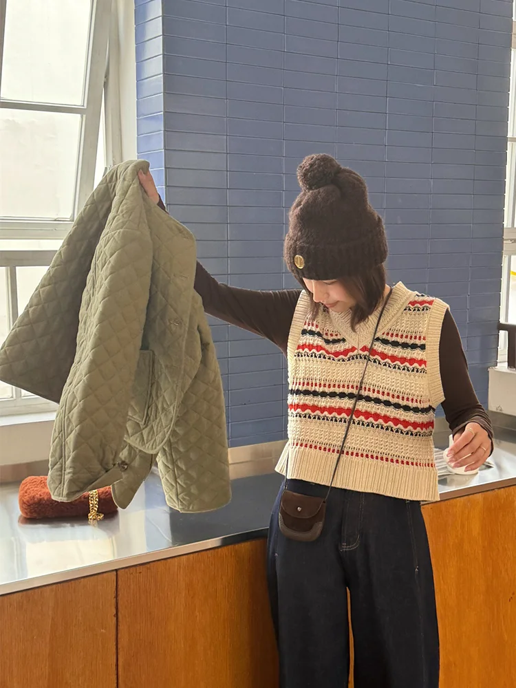 

Вязаный жилет Tang You You MGDM Color Blo для женщин, осенне-зимний, с V-образным вырезом, в стиле ретро, для многослойных образов, из хлопка и акрила