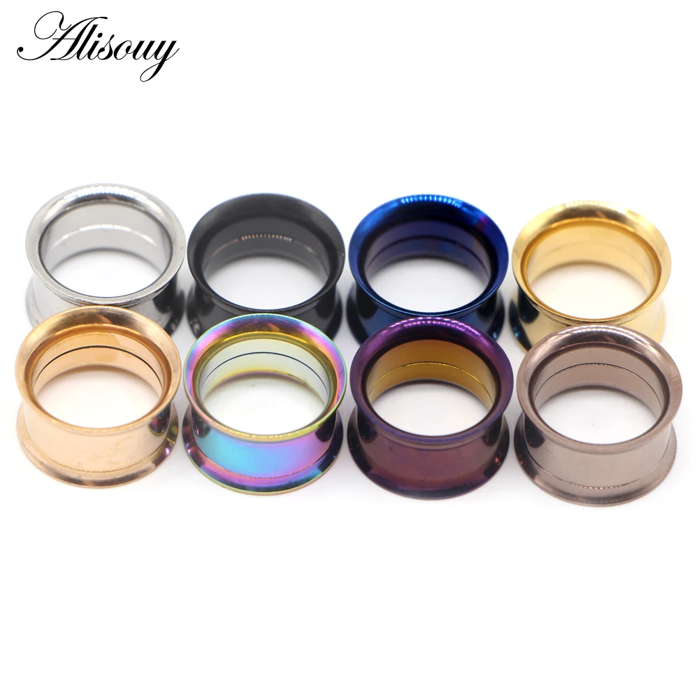 Alisouy 2pcs Surgical Steel Colorful Anodized Thread Double Flared Hollow Ear Flesh Tunnel Plug Ear Expander Gauge Body Jewelry