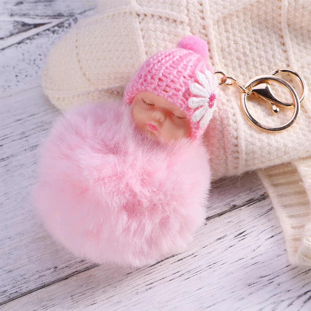 Llavero con Colgante de Bebé Dormido y Pompones, Color Rosa Claro, para Coche, Bolso, Cartera, Llavero, Accesorio de Regalo Bonito para Mujeres y Señoras