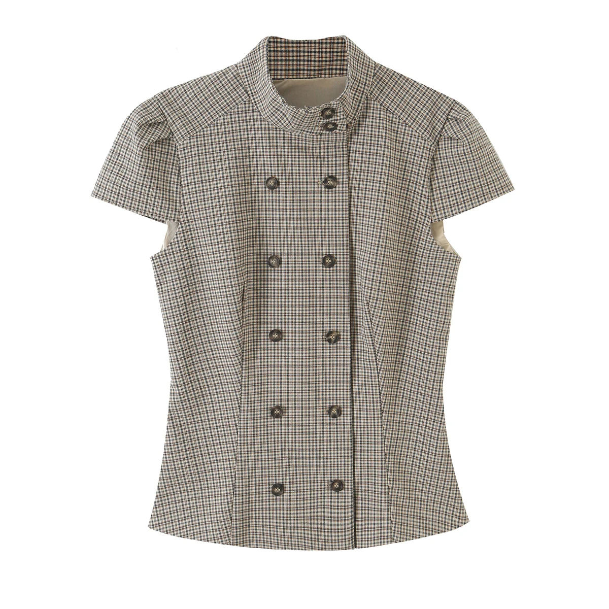 BSAY 2026 Neue Retro Preppy-Style Damen Bluse mit Stehkragen, Doppelreihig, Kurzarm, Schmal Geschnitten, Kariert und Gestreift, Arbeitsbluse – Detail 3