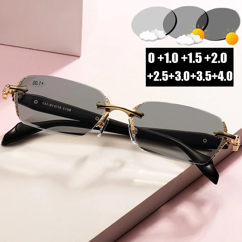 

Smart Photochromic Sunglasses for Women Men New Trendy Ladies Rimless Far Sight Glasses Blue Light Blocking Reading Eyeglasses