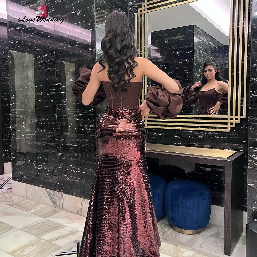 Chocolate Brown Strapless Prom Dresses 2025 Sequin Elegant Women Party Dress Boat Neck Mermaid Evening Dresses Gala Customized