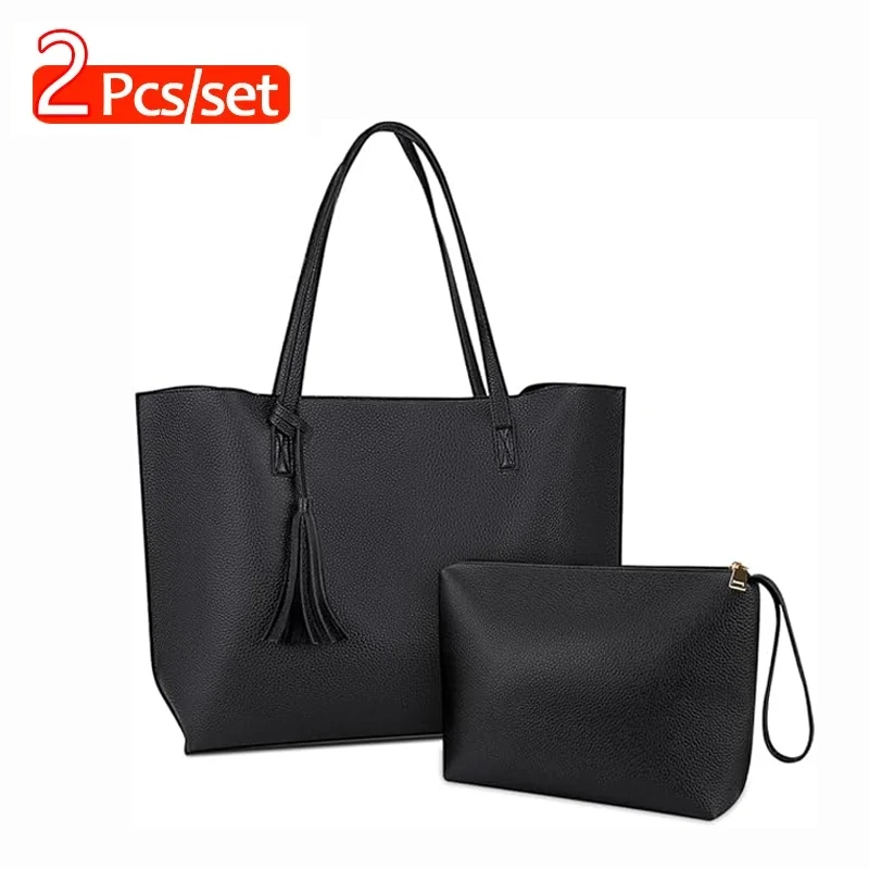 Borsa Tote da donna di grande capacità borsa in pelle e borsa a tracolla con frange a mano Set 2 pezzi