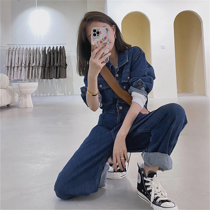 

Spring Women's Street Sle Onesie Set Single Button Loose Waist Slimming Long Pants High Waist Cotton Blend Casual Wear