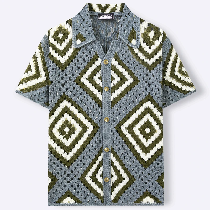Vintage Men's Clothing Summer Casual Hollow Out Crochet Knitted Shirt Short Sleeve T-shirts Lapel Polo Shirt for Man SY0228