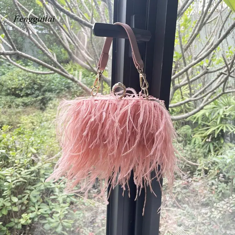 Luxury Ostrich Feather Party Evening Clutch Bag Women Wedding Purses and Handbags Small Shoulder Chain Bag Designer Bag