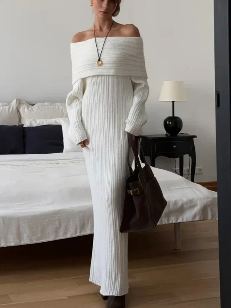 

Elegant Slash Neck Knit Maxi Dress Backless Long Sleeves Wrinkles High Waist Commute Party Dress Women's Knit Maxi Dress