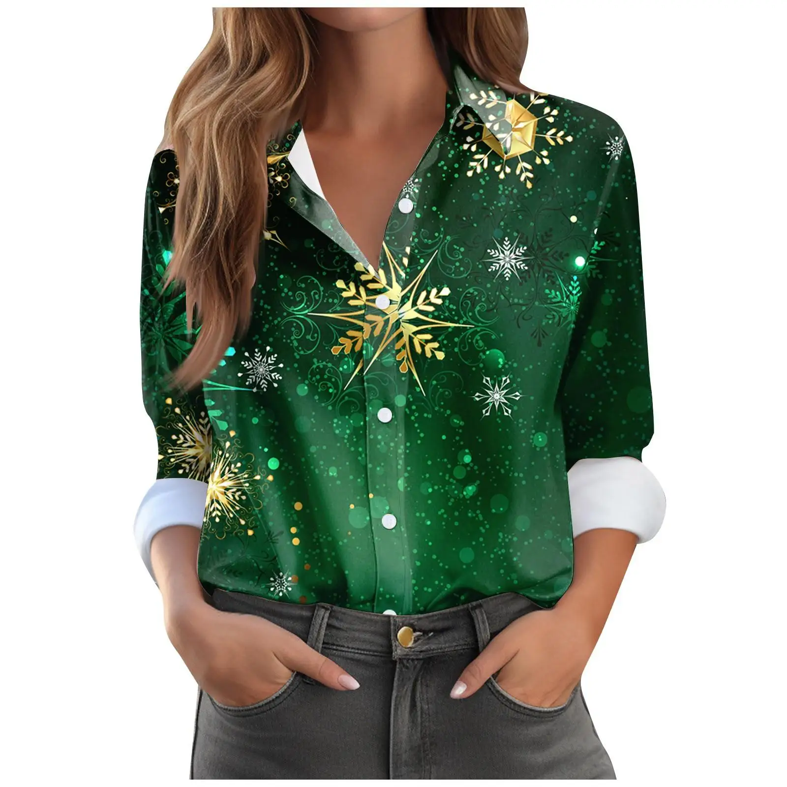 

Зеленые, красные рождественские рубашки с принтом снежинок, женские рубашки, топы, модные осенние новые свободные блузки с длинными рукавами, женская рубашка для рождественской вечеринки