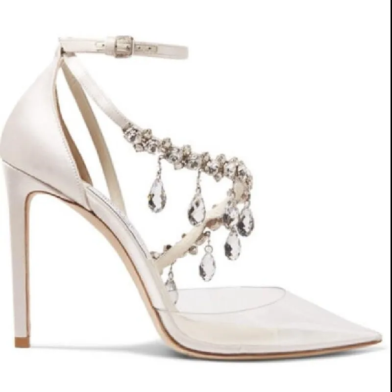 

Summer New Fashion Rhinestone Chain Transparent PVC Sandals Thin High Heel Banquet Dress Versatile Large Fashion Women's Shoes