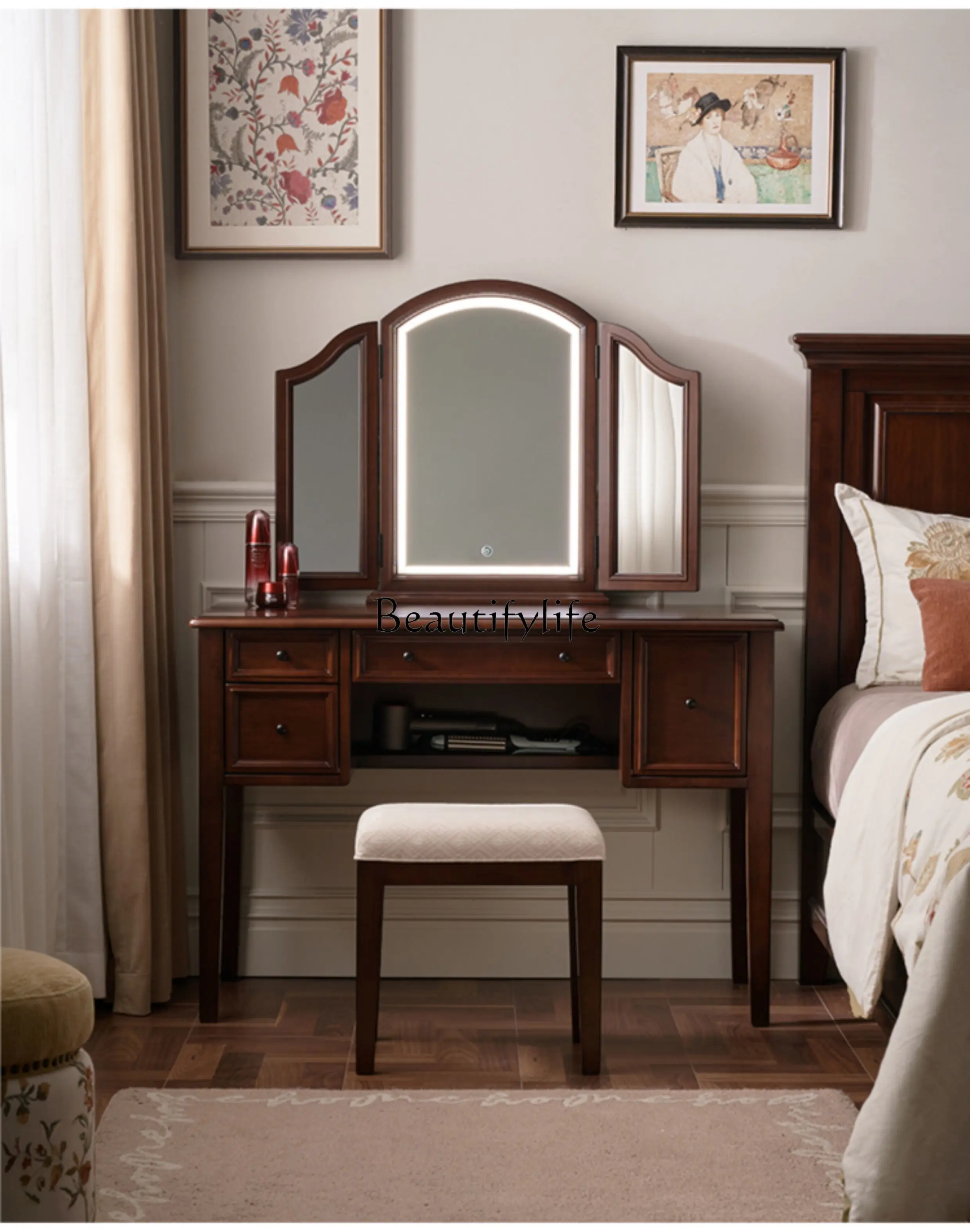 

American simple all-solid wood makeup table small apartment folding dresser