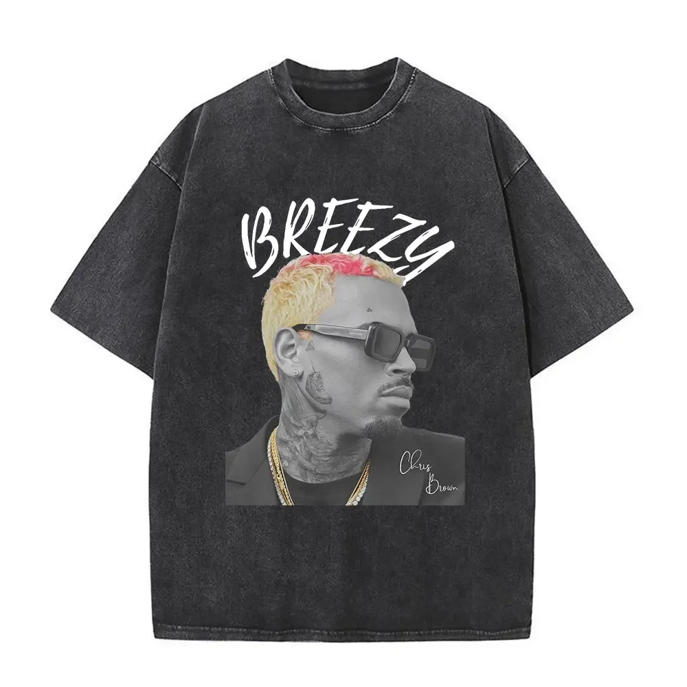 

Rapper Chris Brown Big Face Graphic Vintage Washed T-Shirts Men Women Harajuku Cotton Casual Short Sleeve T Shirts Streetwear