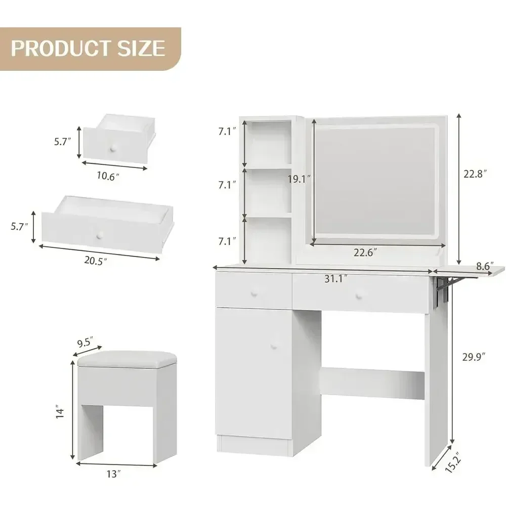 LED Lighted Mirror Vanity Desk with Power Outlet, Storage Drawers, Cabinet & Chair, White Makeup Table Set for Bedroom