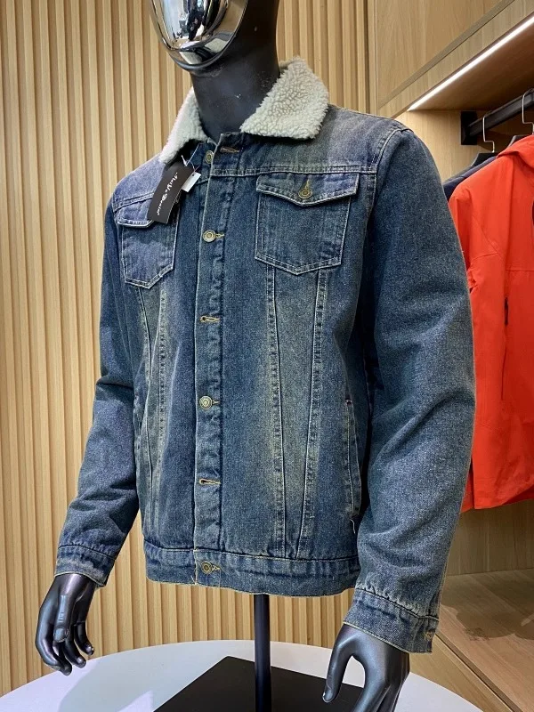 Heavyweight Versatile Warm Autumn Winter Men's Premium Casual Washed Denim Jacket Collar Stand Collar Outerwear Coat