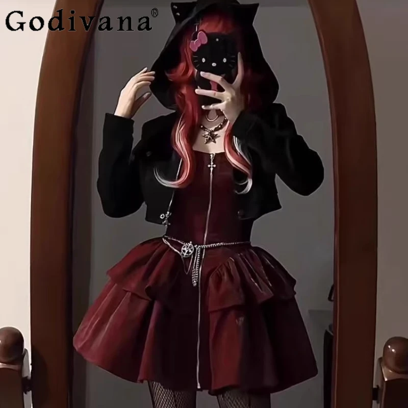 

Рождественский новогодний комплект в стиле Лолиты, женская короткая куртка с капюшоном и внутренний утягивающий костюм на бретельках, женские наряды в японском стиле