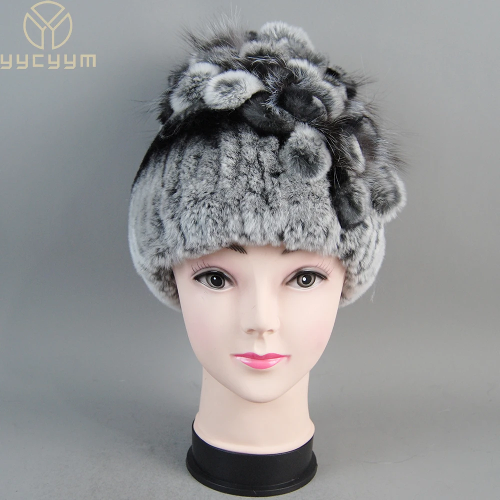 

New Russia Women Real Rex Rabbit Fur Skullies Hats Luxury Knitted Flowers Genuine Rex Rabbit Fur Cap Winter Real Fur Beanies Hat