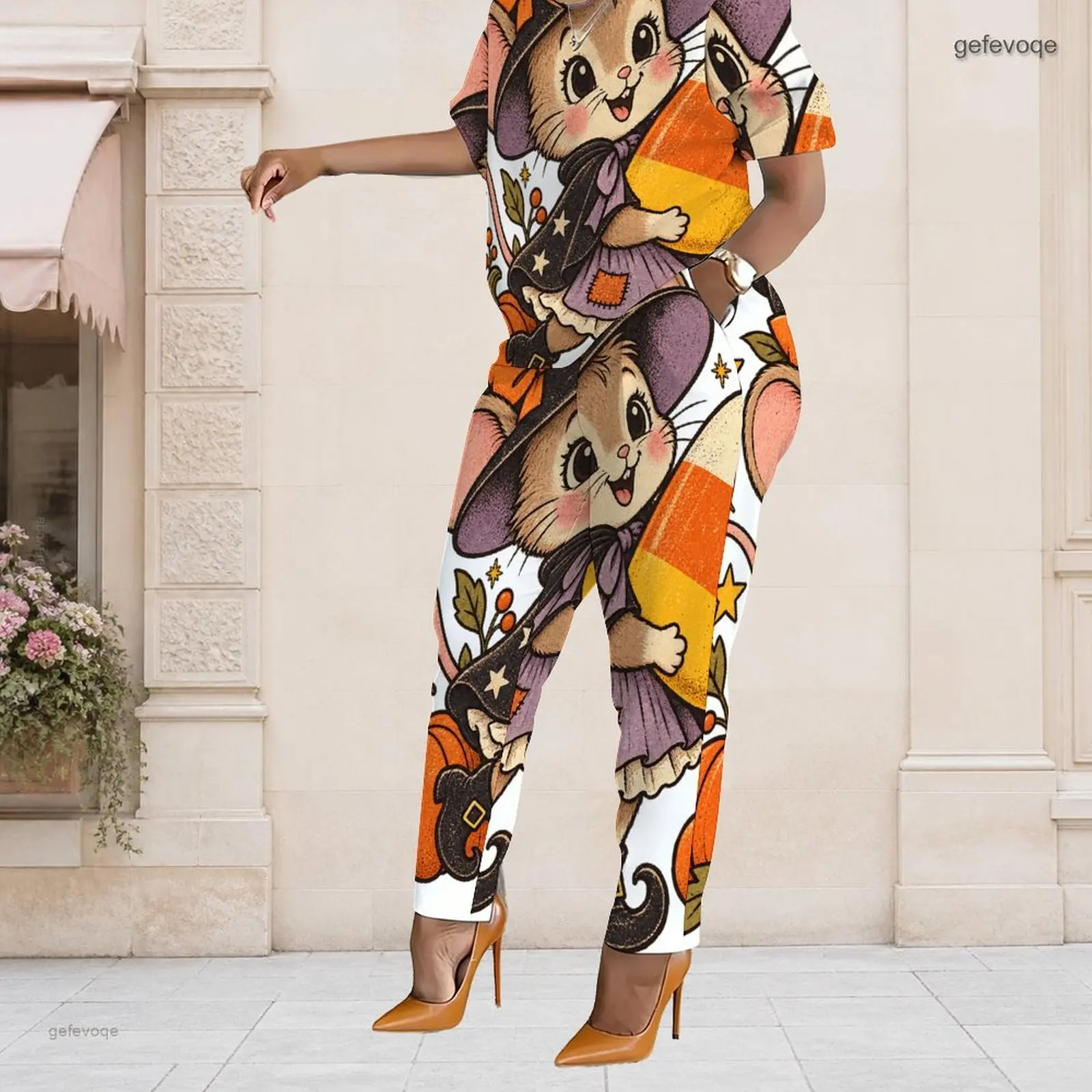 Printed Pants Set for Women Short Sleeve Top Pocket Pants Two Piece