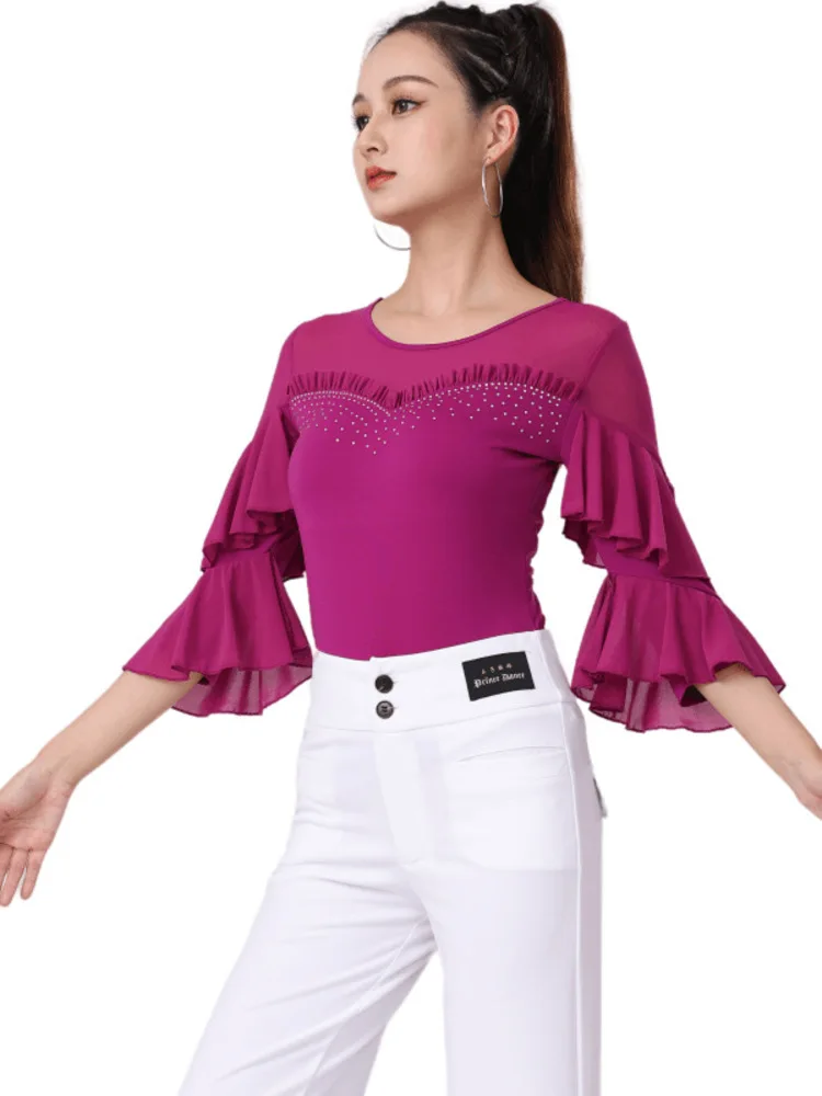 Ruffled Sleeves Ballroom Tops Standard Urban Dance Latin Women Rhinestones Competition Waltz Stadium Modern Luxury T-shirt