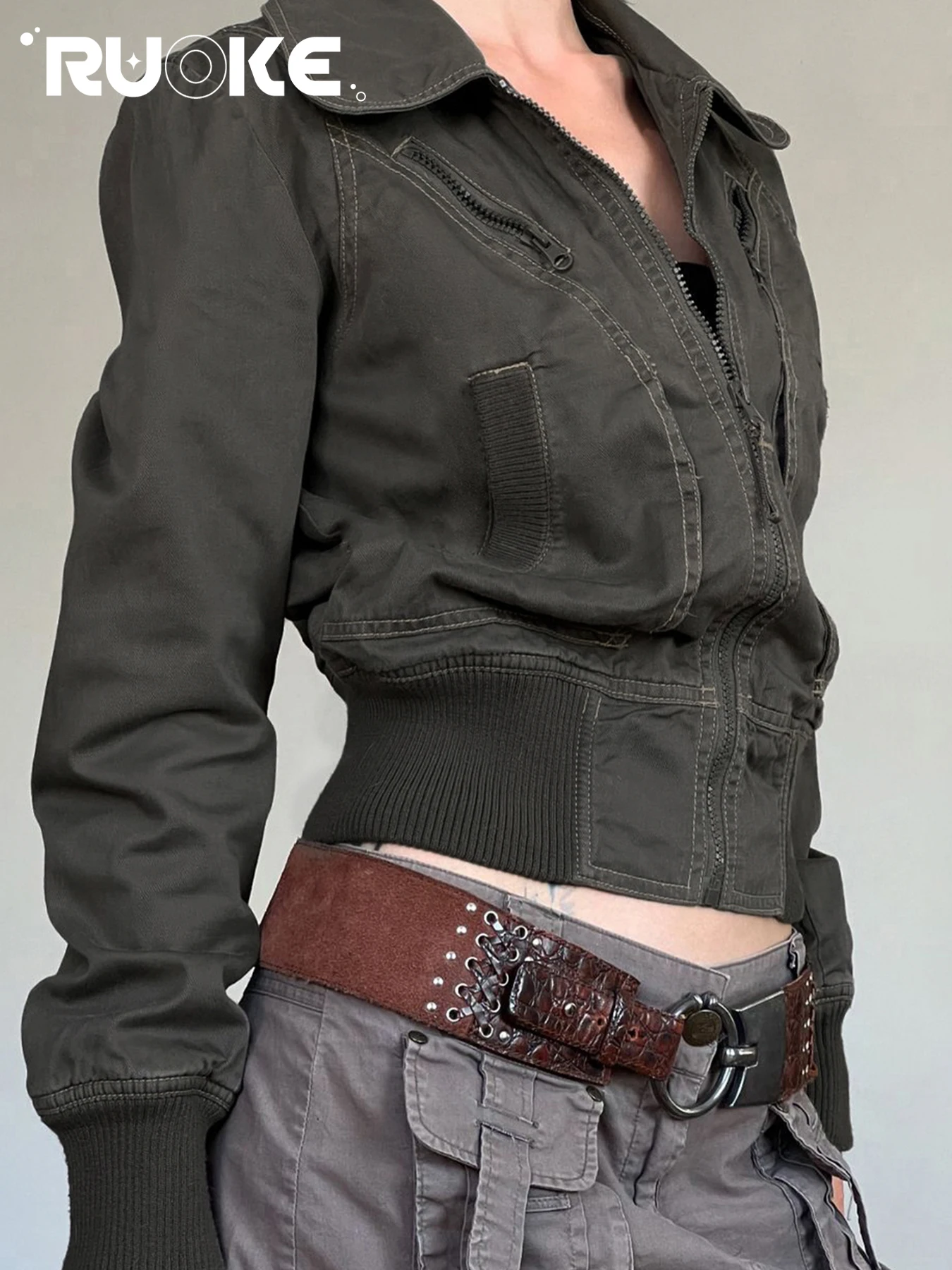 

Повседневные куртки-карго на молнии с отложным воротником и длинными рукавами, женские пальто в стиле Харадзюку, винтажные облегающие куртки Y2K, осень-зима