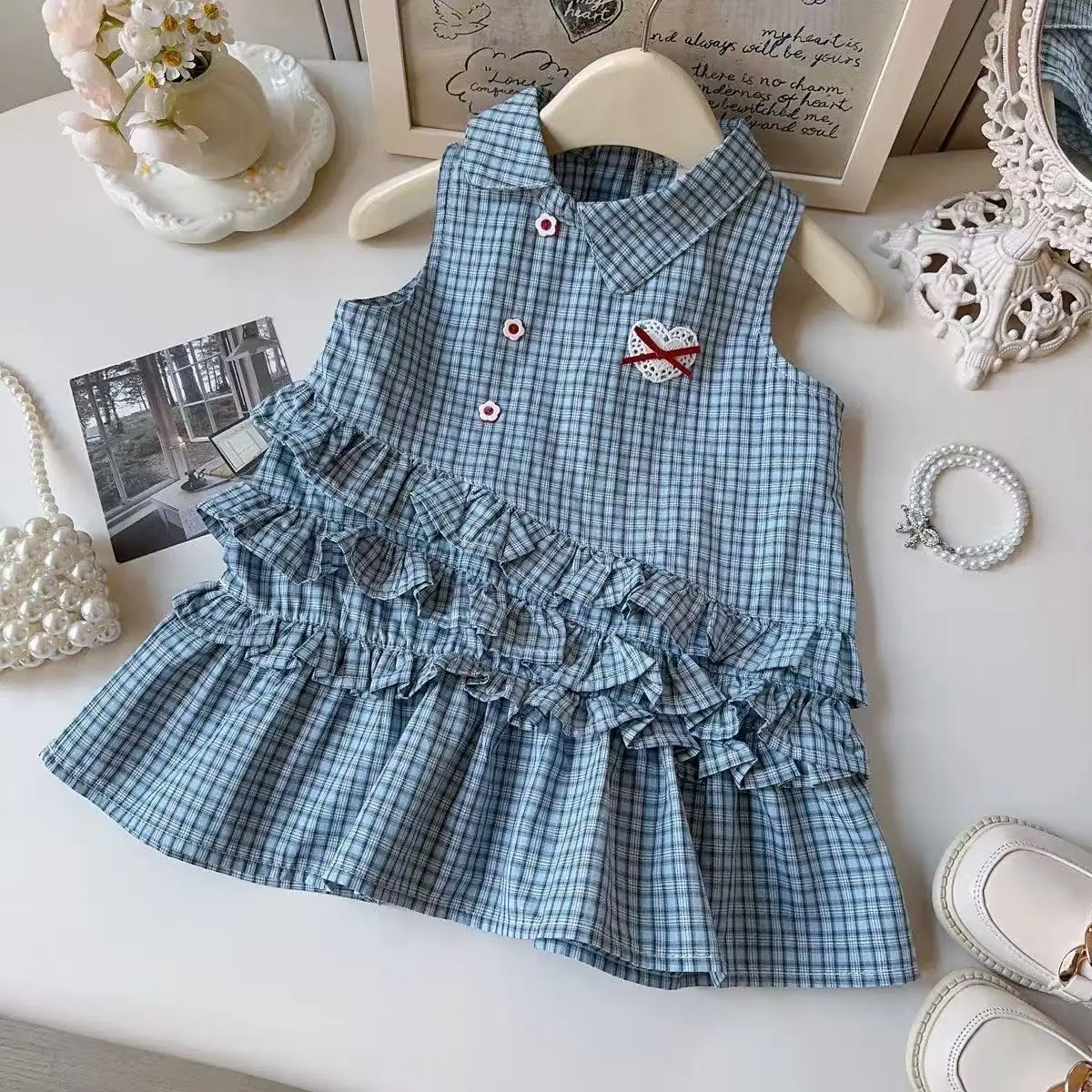 

2026 New Summer Girls Irregular Lapel Plaid Vest Dress Cute Cake Dress for Baby Girls for 90-140cm