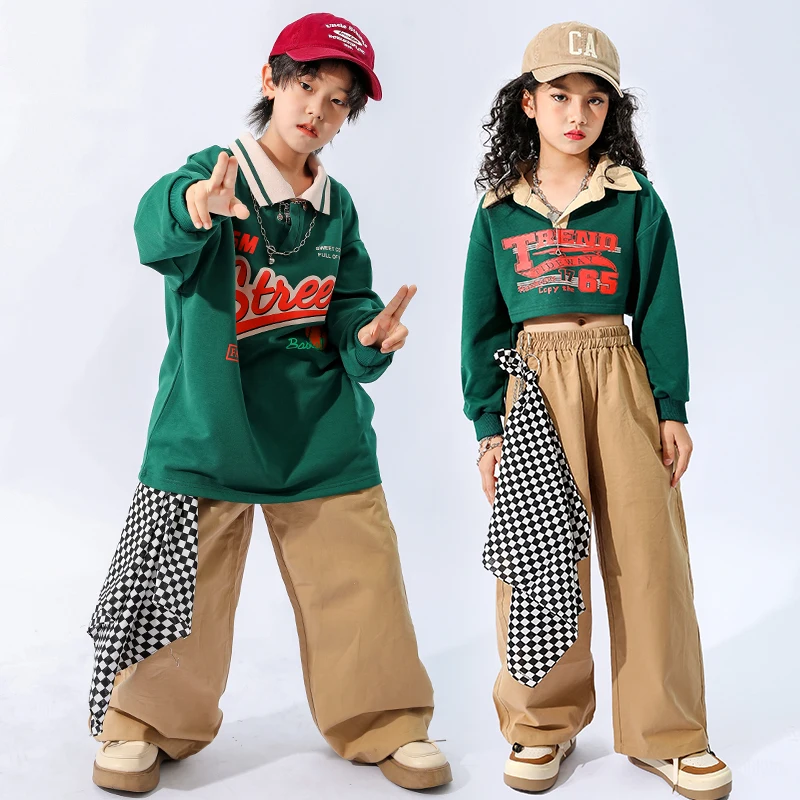 Ropa de baile moderno para niños, camisas verdes, pantalones sueltos, trajes deportivos Kpop para niñas y niños, ropa de Hip Hop, DQS11579, novedad