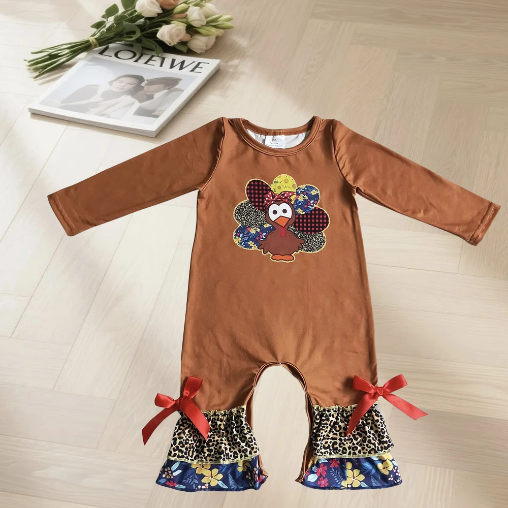 

9.30 Baby Winter Rompers Baby Girls Brown Thanksgiving Turkey Floral Ruffle Rompers