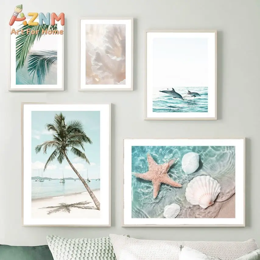AZNM Tropical Coastal Canvas Wall Art Palm Tree Dolphin Starfish Shell Beach Ocean Nature Print for Living Room Bedroom Home Dec