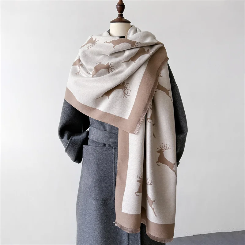 Deer Jacquard Winter Ourdoor Women Scarf Cashmere Thicken Warm Shawl Pashmina Scarves Female Double-sided Wrap Ladies